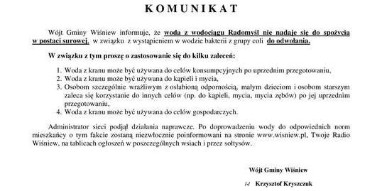 W Radomyśli woda z bakterią z grupy coli