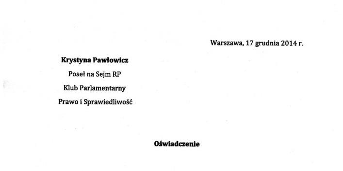 Oświadczenie poseł Pawłowicz