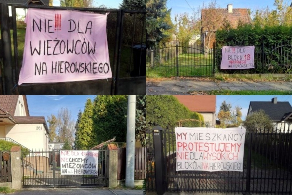 Budynek wysoki jak Superjednostka obok domów jednorodzinnych. Mieszkańcy protestują