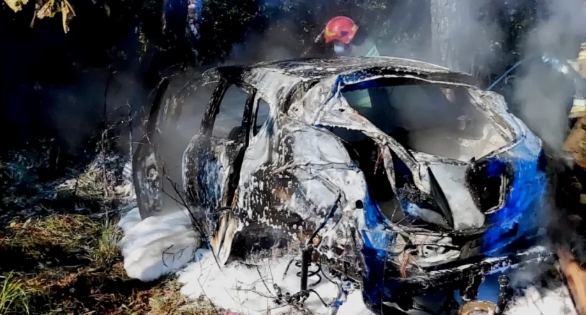 Wypadek na drodze S1. Pojazd wypadł z drogi, uderzył w drzewo i stanął w ogniu