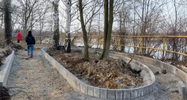 Trwa budowa Doliny Pięciu Stawów w Szopienicach. Powstaje alejka przy brzegu stawu Morawa