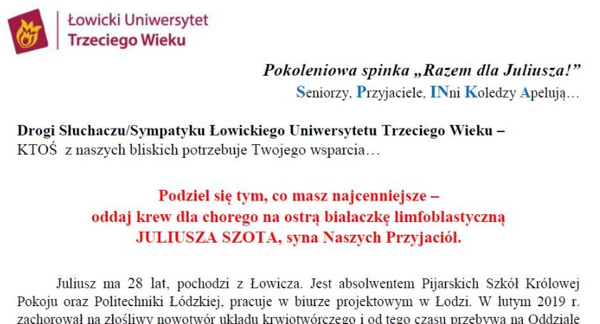 Akcja „Razem dla Juliusza!”. Potrzebna krew dla chorego na białaczkę 28-latka z Łowicza
