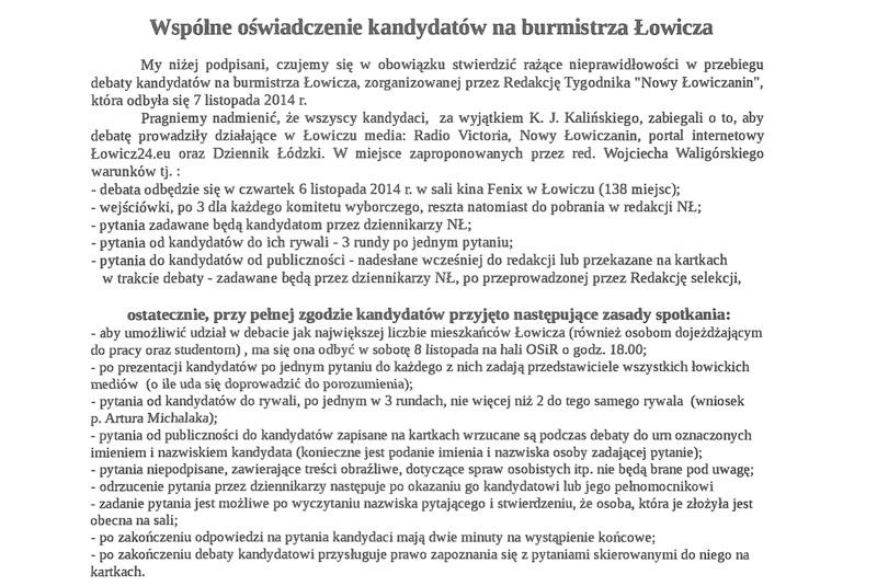 Wspólne oświadczenie kandydatów na burmistrza Łowicza