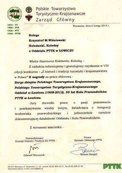 Nagroda dla oddziału PTTK i Koła Przewodników w Łowiczu