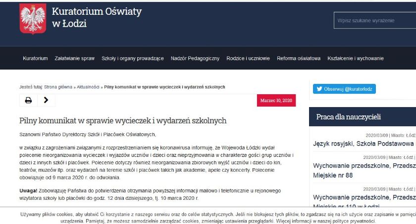 Odwołane wycieczki szkolne i zawody sportowe. Jest komunikat łódzkiego kuratora oświaty