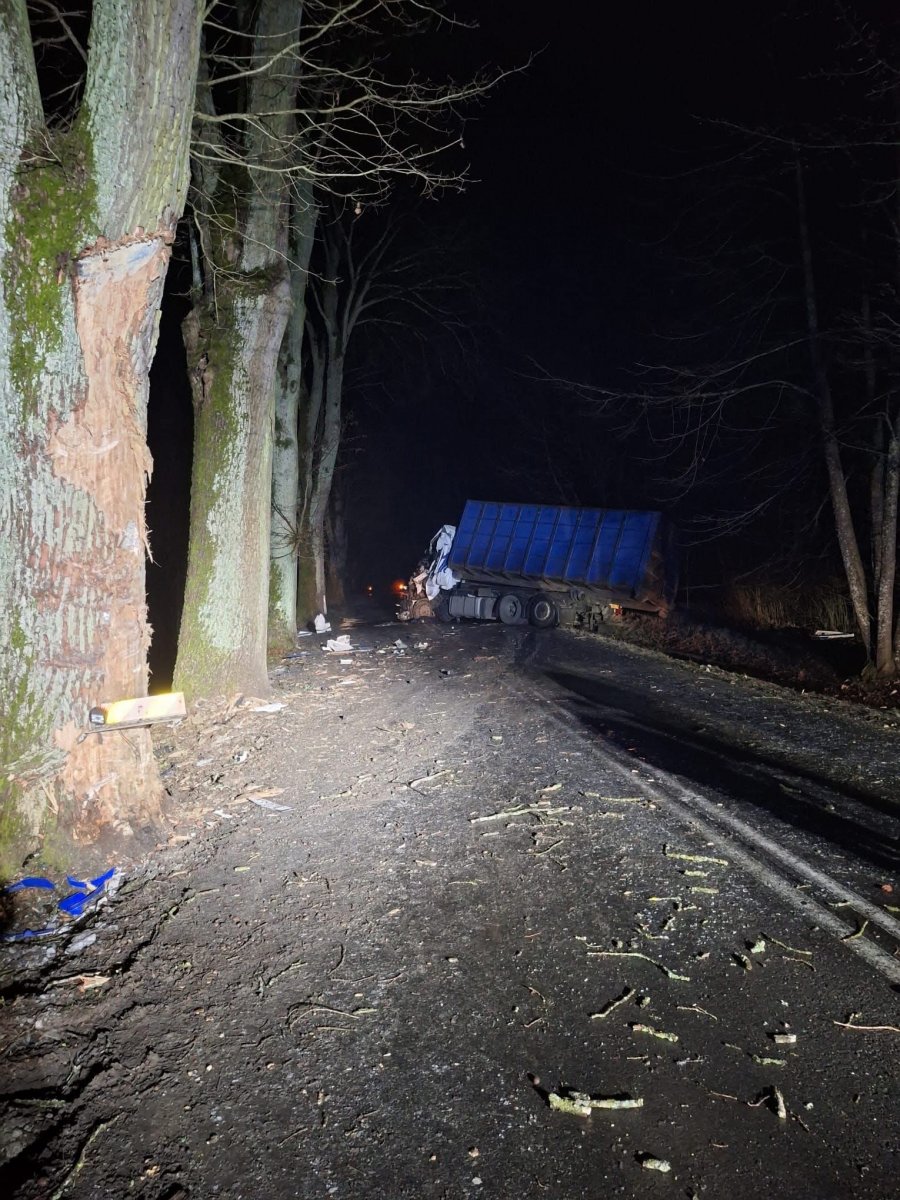 Tragiczny wypadek w Pomorskiej Wsi pod Elblągiem. Ciężarówka uderzyła w drzewo, kierowca nie żyje