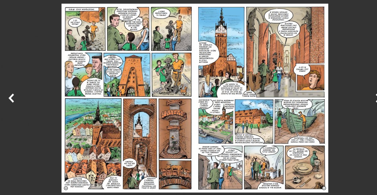 Rysunkowy Kopernik na szlaku Warmii i Mazur. W komiksie pojawiają się miasta związane z astronomem. To też Elbląg i Braniewo