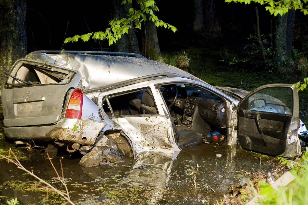 Opel uderzył w drzewo i wpadł do bagna [ZDJĘCIA]