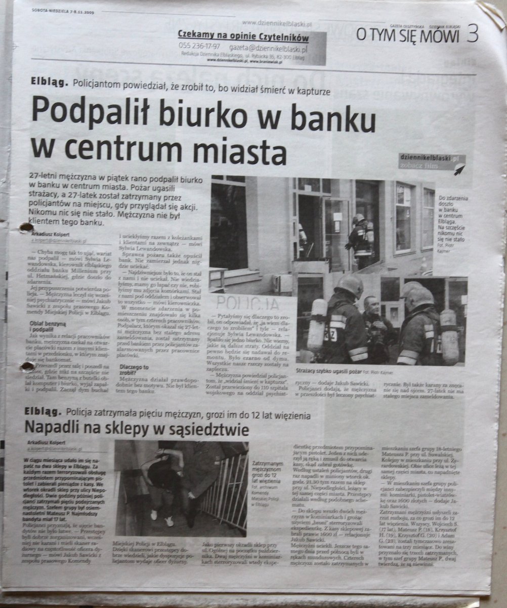 Podpalił biurko w banku, do MOPS przyszedł z butelką benzyny