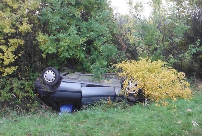 Dachował w rowie. Auto przykryli gałęziami i uciekali przez pola