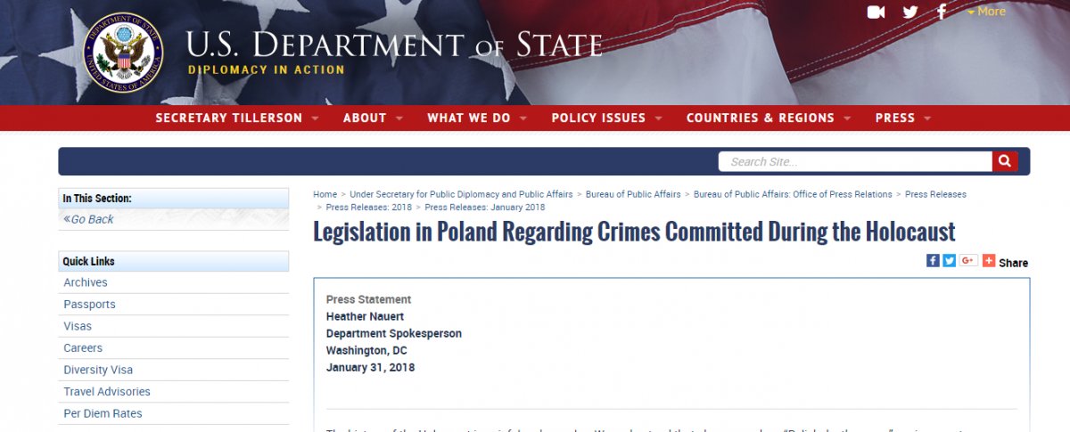Departament Stanu: Nowelizacja ustawy o IPN może mieć negatywny wpływ na relacje Polski z USA