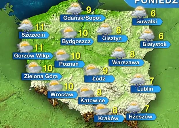 Poniedziałek deszczowy z przejaśnieniami. Na wschodzie będzie padać