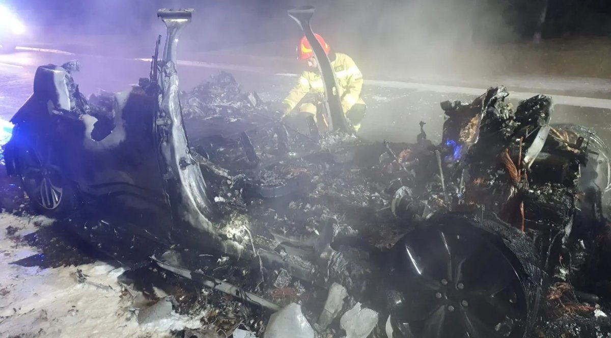 Nocny pożar elektrycznego auta. Z pojazdu niewiele zostało