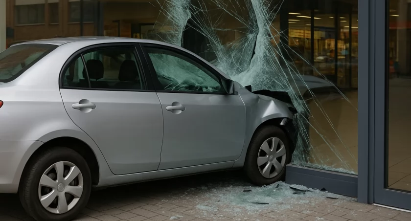 Huk szkła i pisk opon – kierująca wjechała do sklepu!