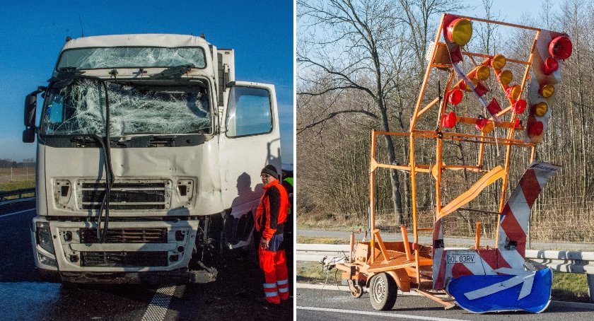 Kolizja TIRa z drogowcami - VIDEO - FOTO