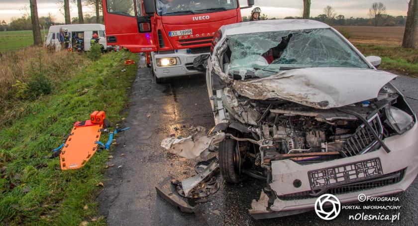 Wypadek koło Świerznej - poszkodowanych 5 dzieci - strażacy uwalniają zakleszczona pasażerkę