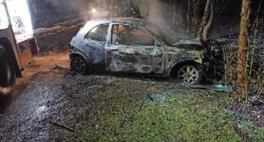 Auto spłonęło po uderzeniu w drzewo. Kierowca uciekł.