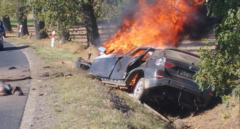 Koszmarny wypadek na DW364. BMW z olbrzymią siłą uderzyło w drzewo i stanęło w płomieniach. Niestety kierowca poniósł śmierć na miejscu