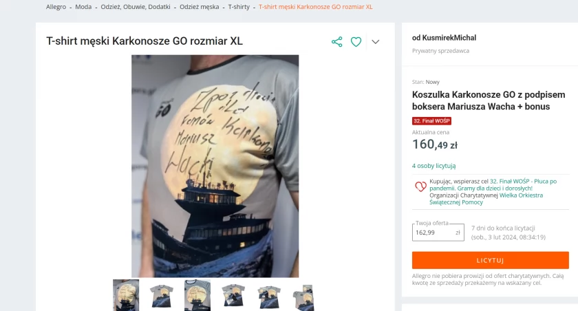 Koszulka Karkonosze GO z autografem Mariusza Wacha na licytacji WOŚP