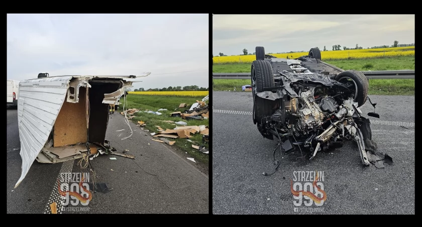 Osobowy Lexus wbił się w leżącego na jezdni busa i dachował. Bardzo groźna kolizja na A4 przed węzłem Wrocław Wschód