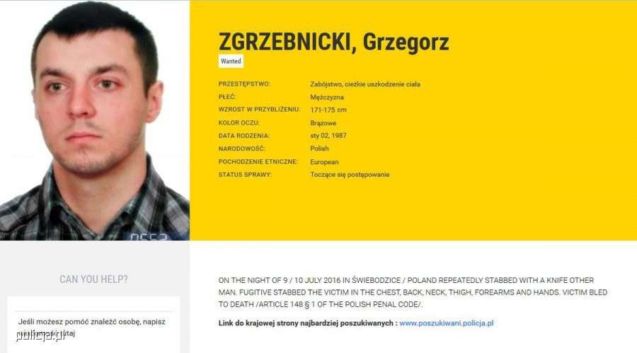 GRZEGORZ ZGRZEBNICKI ZE ŚWIEBODZIC WŚRÓD NAJBARDZIEJ POSZUKIWANYCH PRZESTĘPCÓW EUROPY