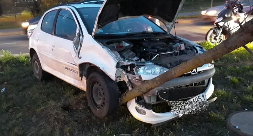 Kolizja na Żmigrodzkiej. Jedno auto po zderzeniu wpadło na drzewo