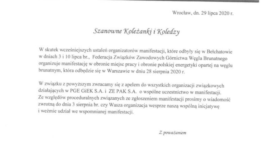TAK - w obronie węgla brunatnego - będzie manifestacja!