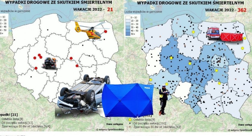 W wakacje w 362 wypadkach zginęły 43 osoby, a te jeszcze trwają - wakacyjna mapa wypadków drogowych dzisiaj