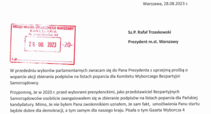 Czy prezydent Trzaskowski zbierze podpisy dla Bezpartyjnych Samorządowców?