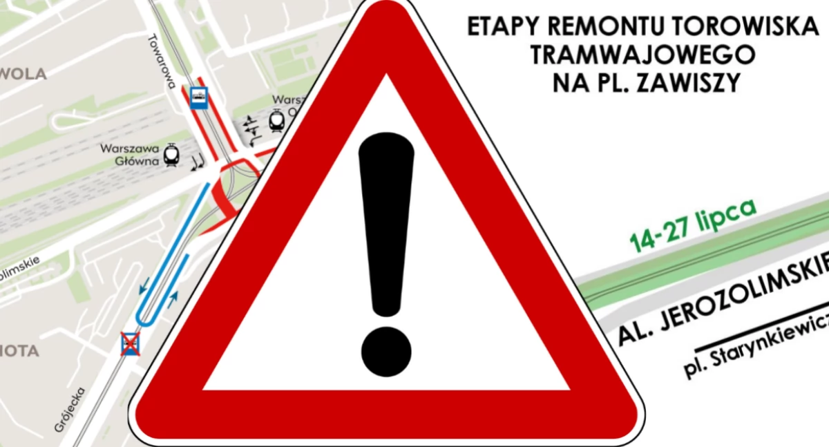 Giga-remont na pl. Zawiszy! Remont węzła rozjazdowego. Jakie zmiany?
