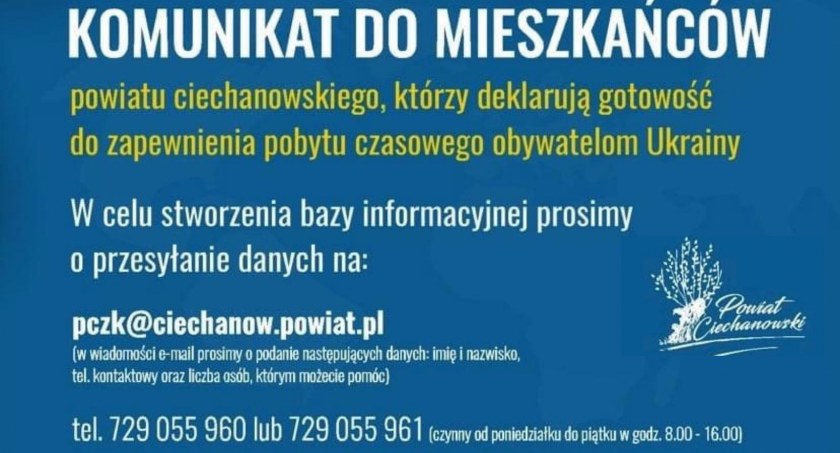 Powiat Ciechanowski tworzy bazę osób, które zapewnią pobyt Ukraińcom