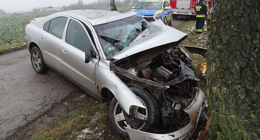 Kierowca ranny w wypadku. Volvo uderzyło w drzewo [zdjęcia]