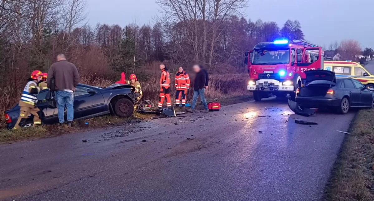 Czołowe zderzenie na łuku drogi. Kobieta była zakleszczona w aucie [zdjęcia]