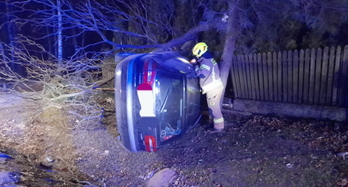 Volvo uderzyło w ogrodzenie i drzewo pod Ciechanowem. Kierowca odpowie za przestępstwo [zdjęcia]