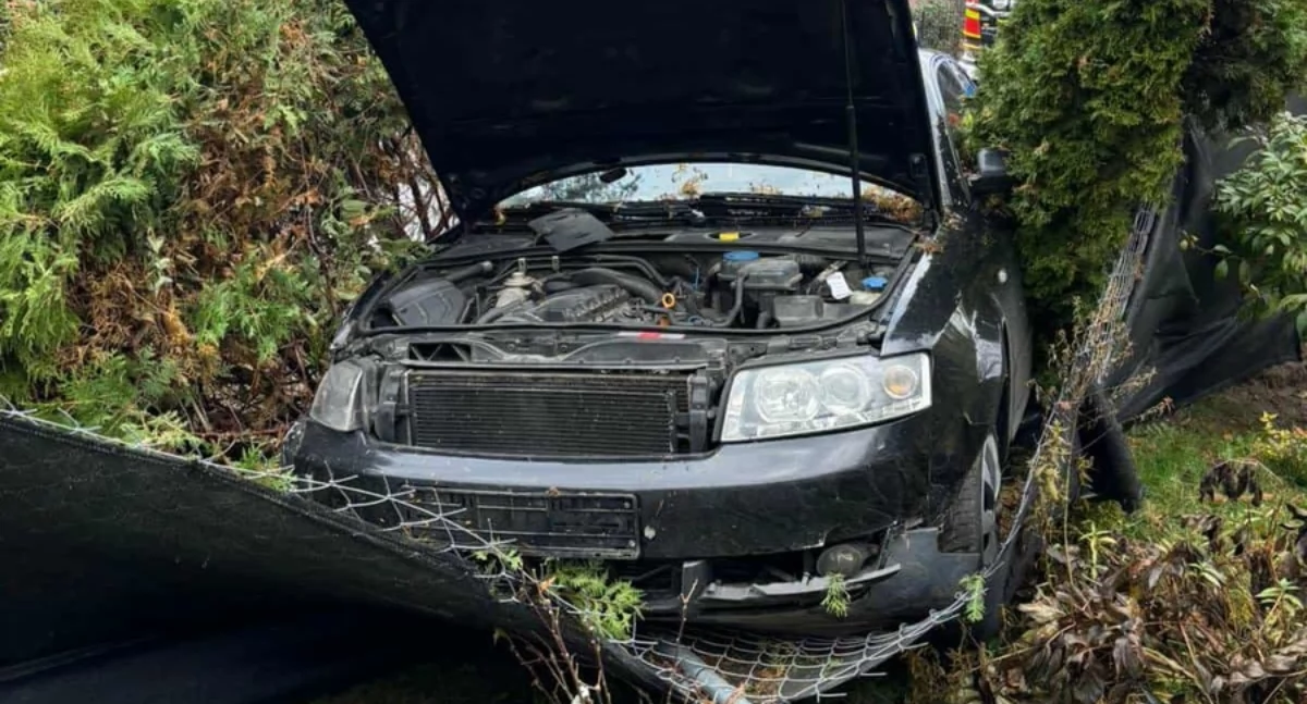 Jedna osoba ranna w wypadku. Audi uderzyło w forda i staranowało ogrodzenie [zdjęcia]