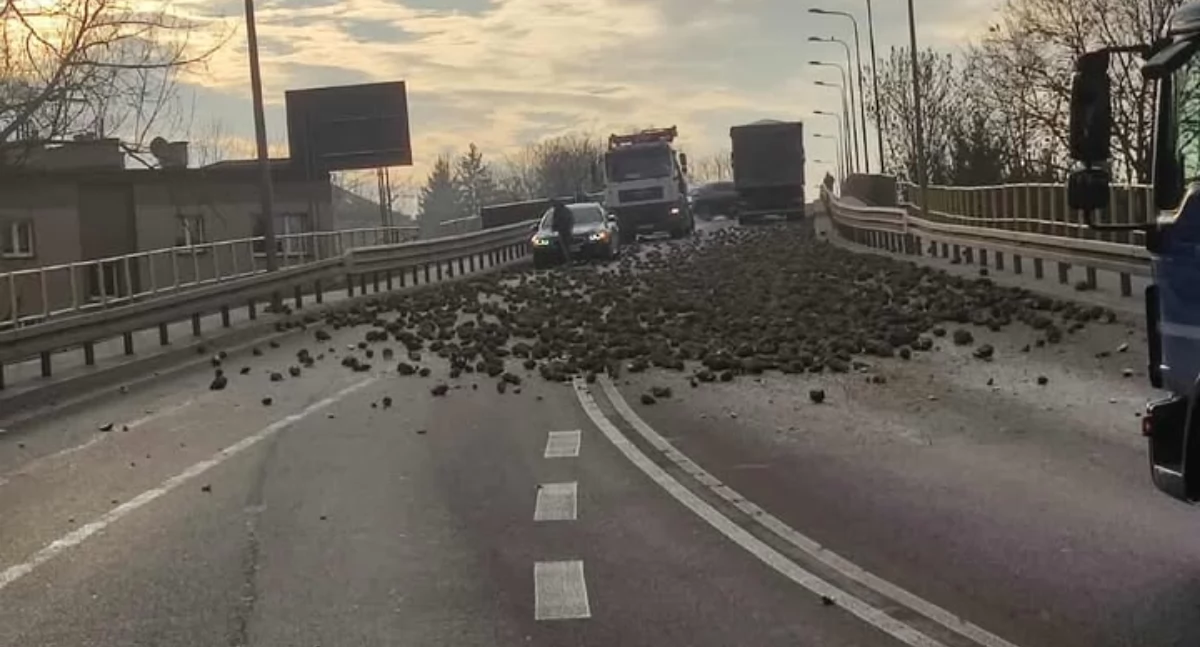[AKTUALIZACJA] Rozsypane buraki zablokowały ruch na wiadukcie w Ciechanowie
