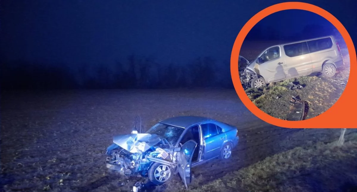 Bus zepchnął osobówkę na pole. Dwie osoby poszkodowane