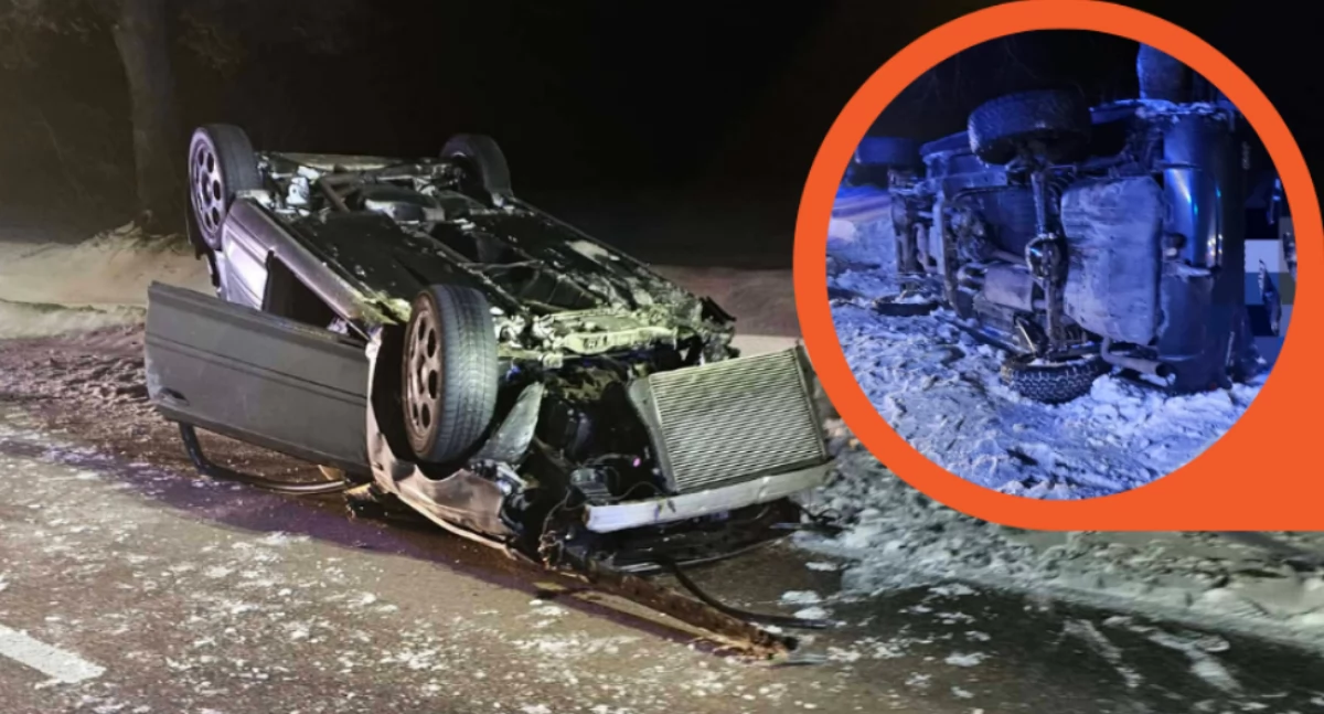 Jedno auto na dachu, drugie na boku. Groźne zdarzenie na drodze Ciechanów-Sońsk [zdjęcia]