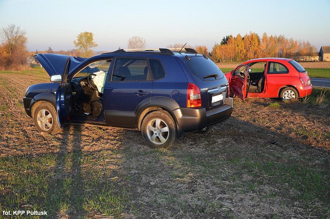 Dwa samochody wypadły z drogi. 24-letni kierowca wyprzedzał sznur aut i uderzył w Nissana (zdjęcia)