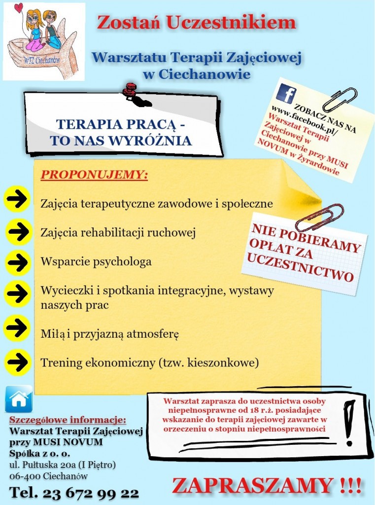 Warsztat Terapii Zajęciowej w Ciechanowie zaprasza nowych uczestników