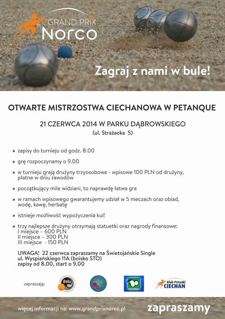 W sobotę Otwarte Mistrzostwa Ciechanowa w Petanque i Wielki Finał Grand Prix Norco!
