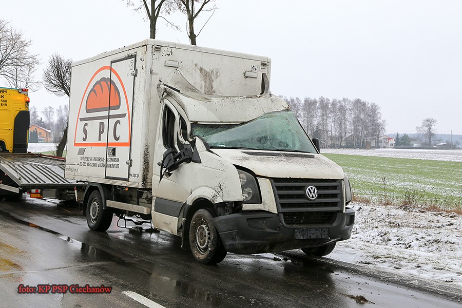 Samochód dostawczy wpadł w poślizg i uderzył w drzewo