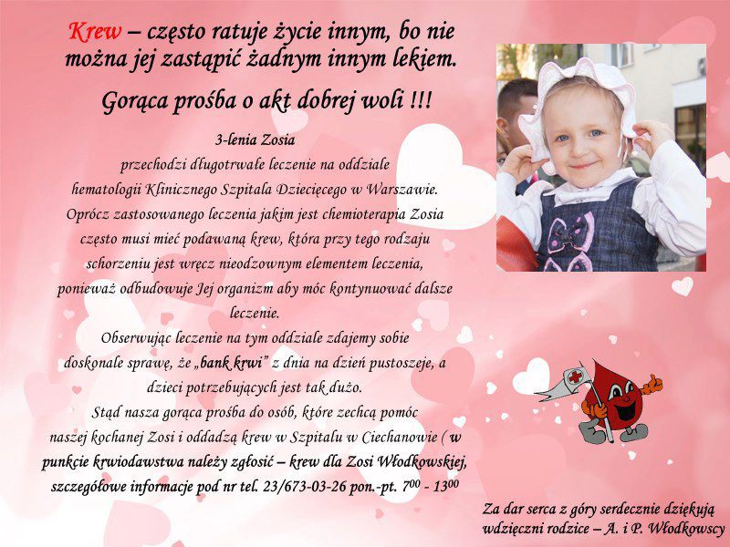PILNE!!! Potrzebna krew dla chorej na białaczkę Zosi Włodkowskiej!!!