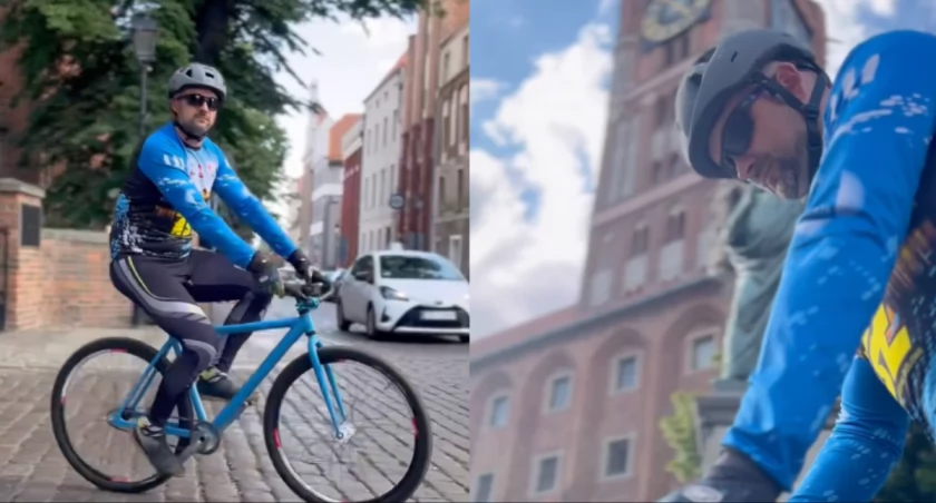 Tajemniczy rowerzysta przejechał przez centrum Torunia. Przechodnie zaskoczeni 