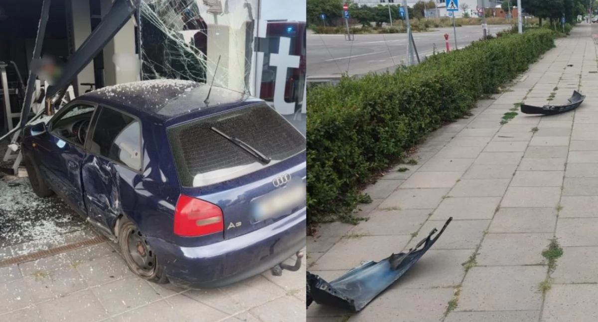 Chwile grozy w Toruniu. Kierowca rozbił elewację i wjechał do siłowni