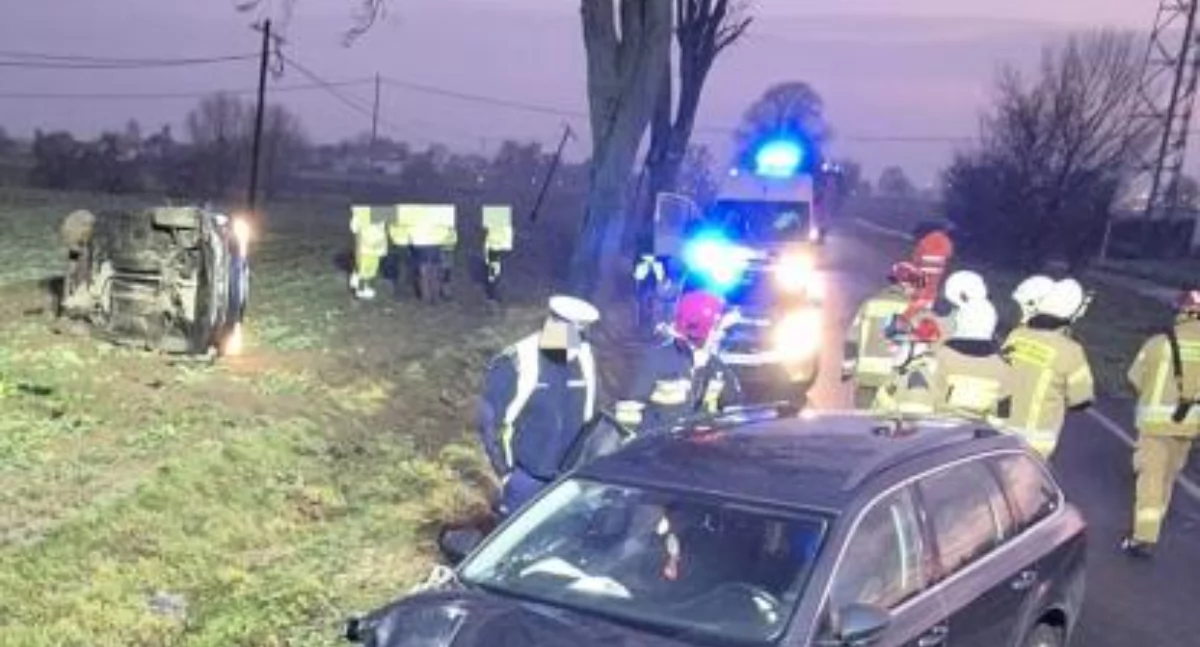 Dachowanie na drodze pod Toruniem. Dwie osoby trafiły do szpitala