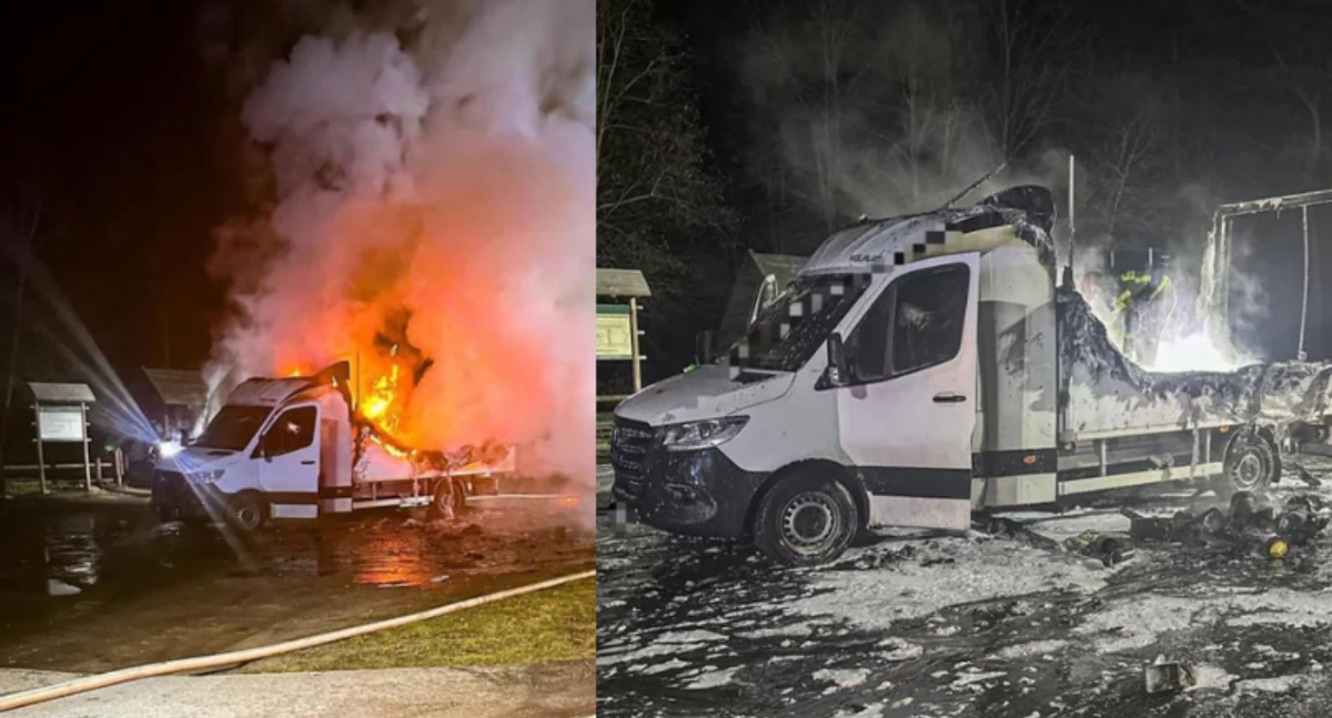 Tajemniczy pożar na parkingu pod Toruniem. Dostawczak stanął w płomieniach