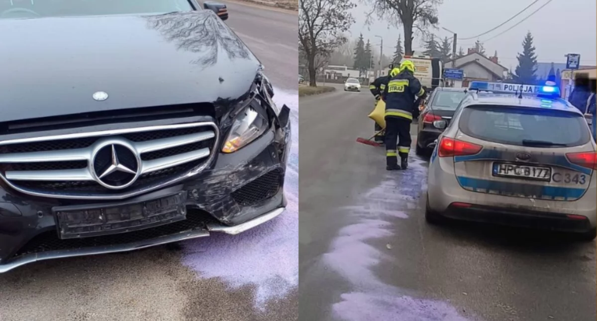 Kraksa przy remizie pod Toruniem. Płyny eksploatacyjne wylały się na drogę