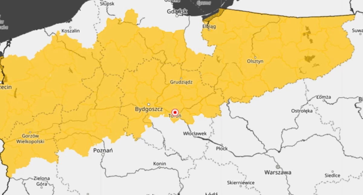 Wydano kolejne ostrzeżenie IMGW. Toruń znalazł się w żółtej strefie