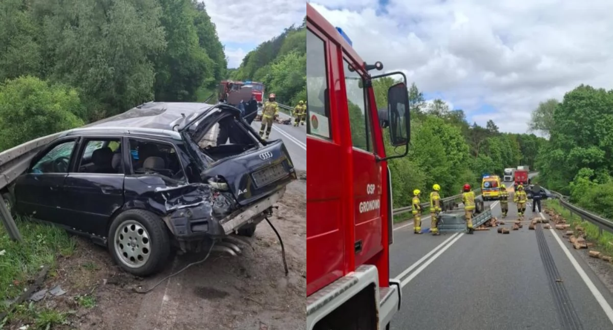 Poważny wypadek na drodze pod Toruniem. Drewno wysypało się na jezdnię